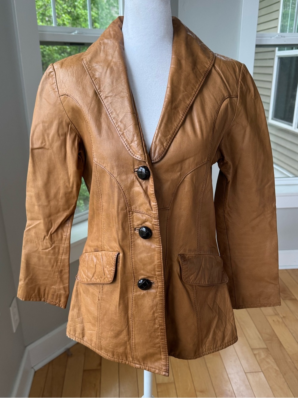 Vintage 70s Western Style Caramel Tan Genuine Leather Button Front Jacket Blazer